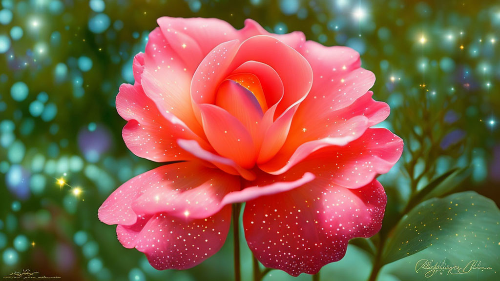 Vibrant digital illustration of pink rose with dew-kissed look on green foliage bokeh background