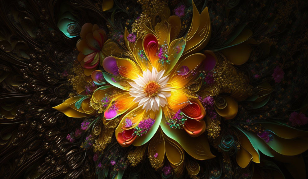 Colorful Stylized Floral Digital Artwork with Intricate Patterns