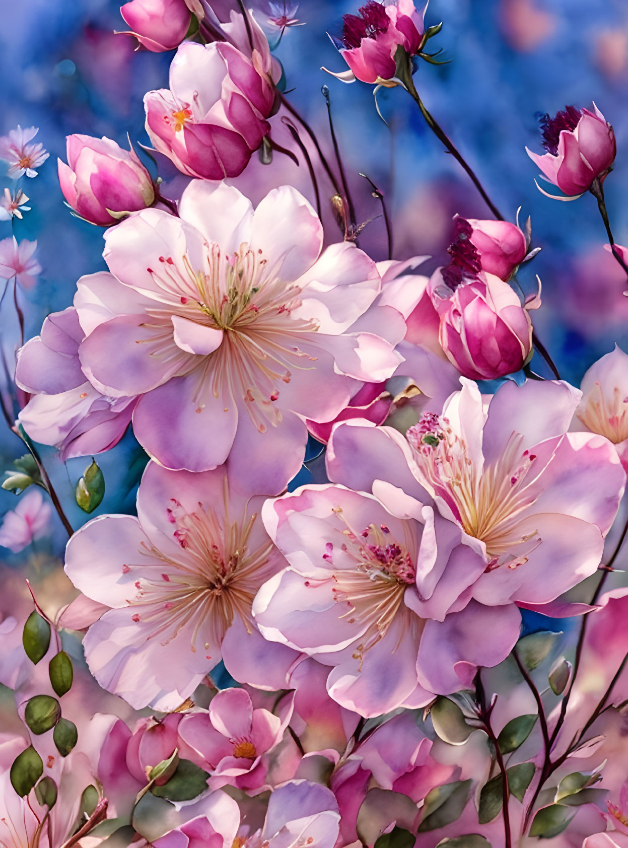 Pink Cherry Blossoms on Blurred Blue Background