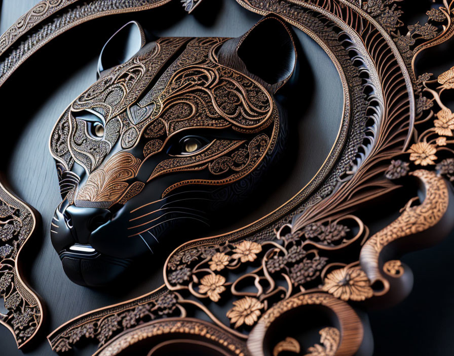 Detailed 3D Illustration of Stylized Jaguar Head with Floral and Geometric Patterns