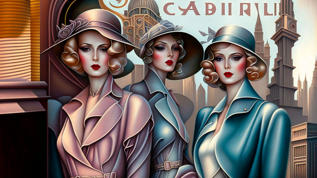 Stylized vintage fashion female figures with hats and coats in art deco cityscape