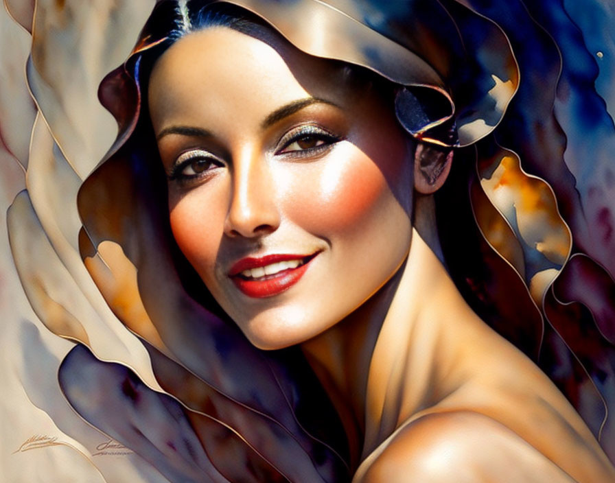 Colorful digital portrait of a smiling woman with radiant skin and abstract butterfly shapes
