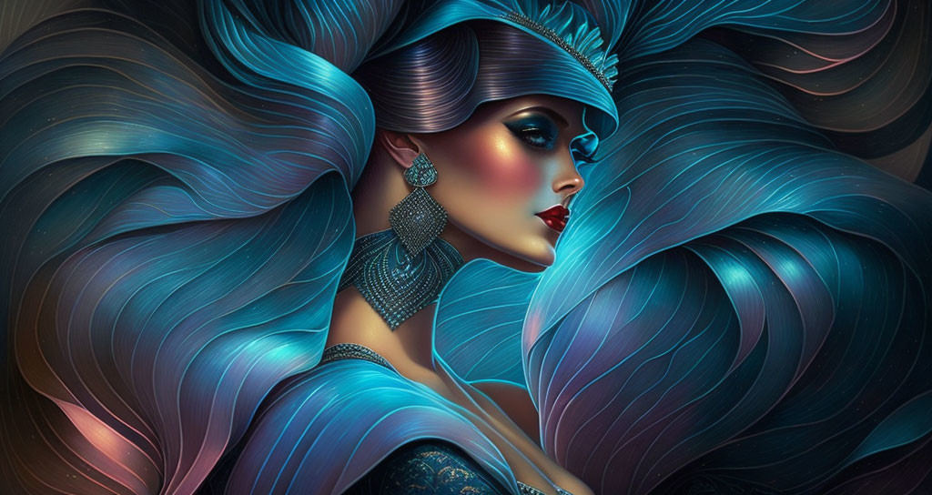 Voluminous Blue Hair and Peacock Feather Headdress on Female Figure