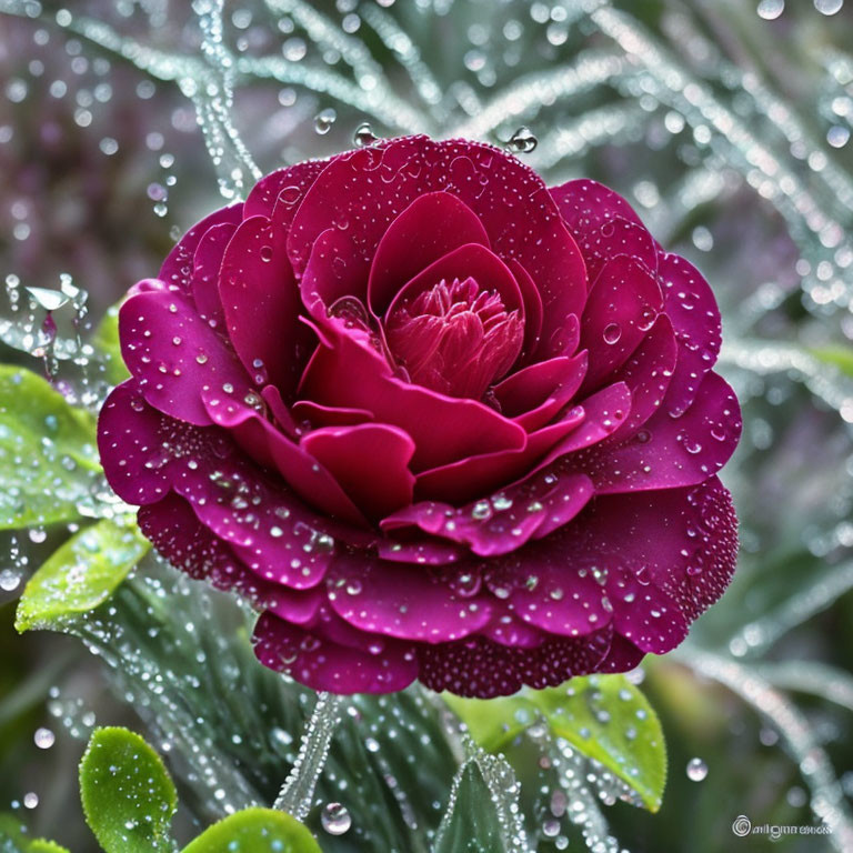 Red Rose with Water Droplets Surrounded by Moist Leaves