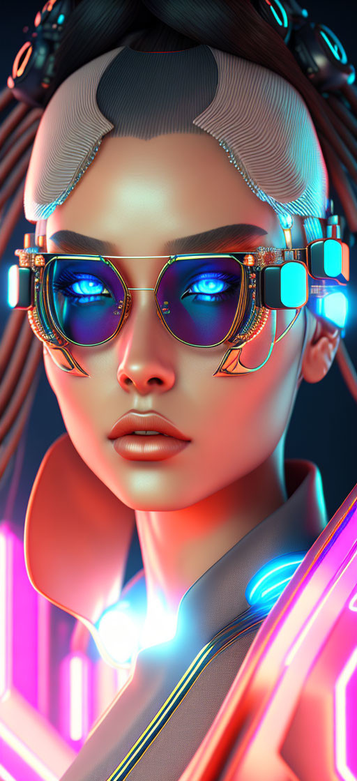 Futuristic digital artwork of a woman with glowing blue shades and cybernetic style