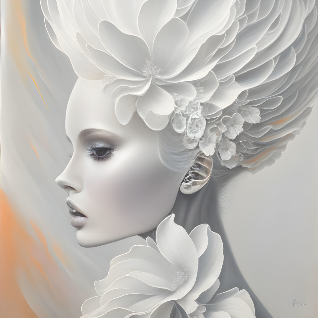 Surreal portrait of woman with white floral and feather adornments