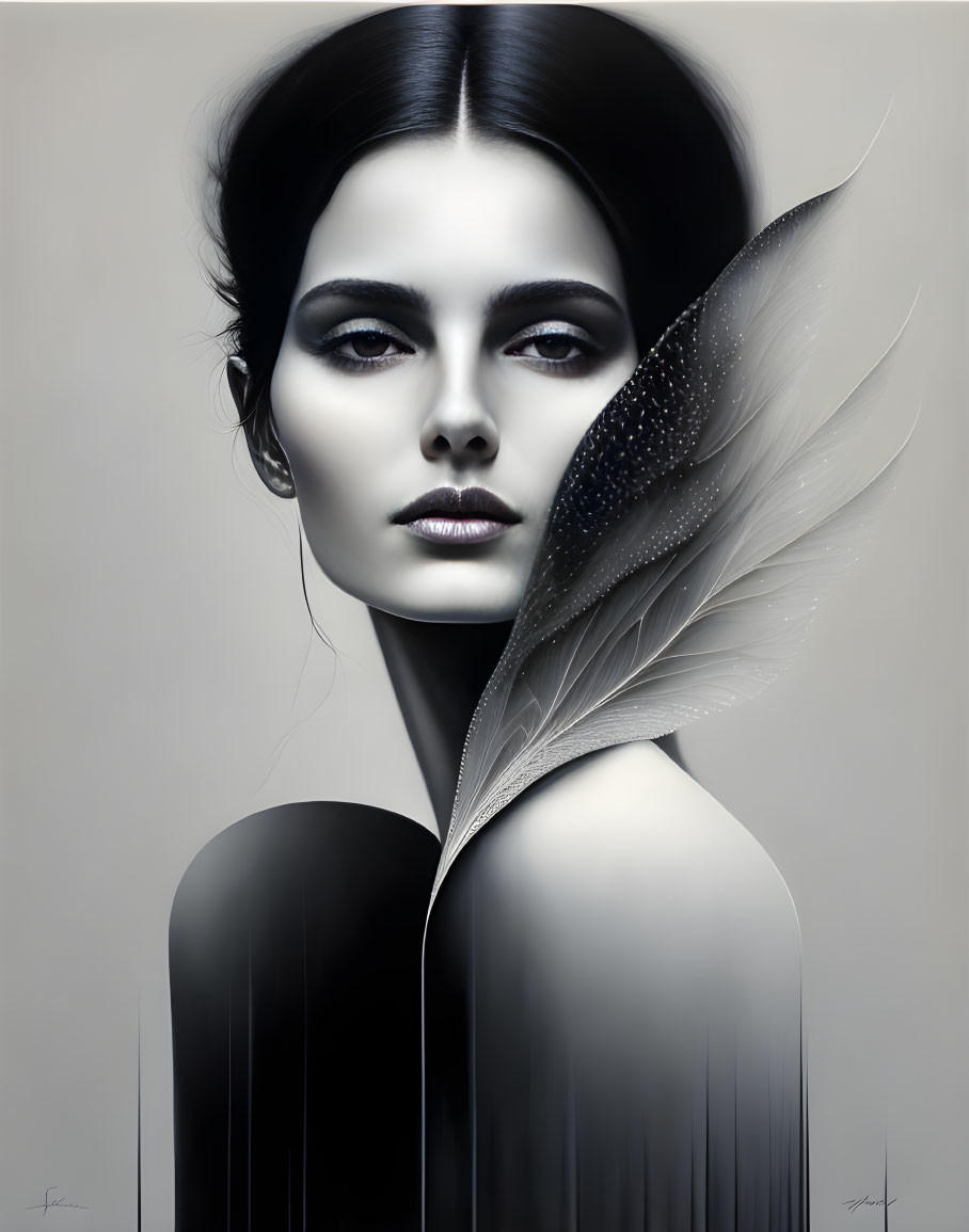 Monochrome digital portrait of a woman with dark hair and feather detail