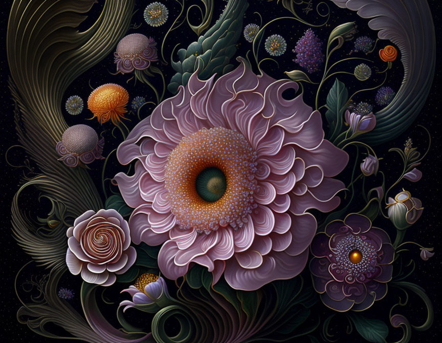 Surreal painting of blooming flowers in dark, cosmic setting