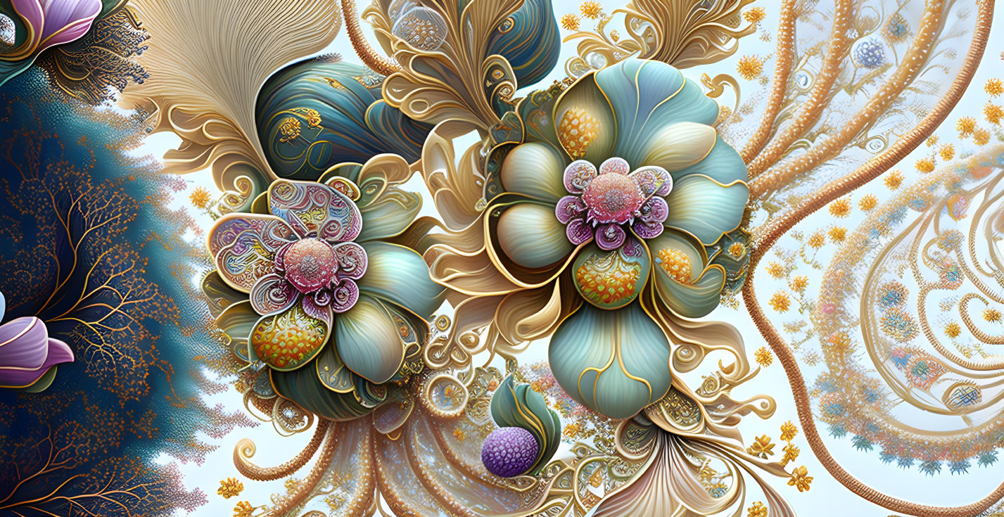 Stylized ornate flowers in blue, gold, and pink palette