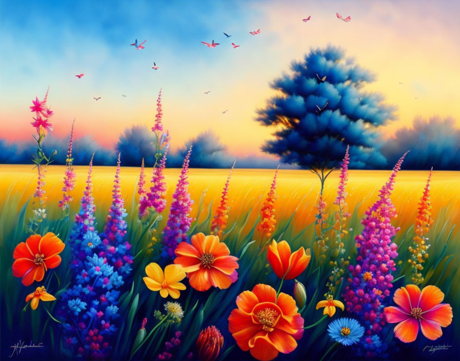 Colorful sunset meadow painting with blue tree and birds