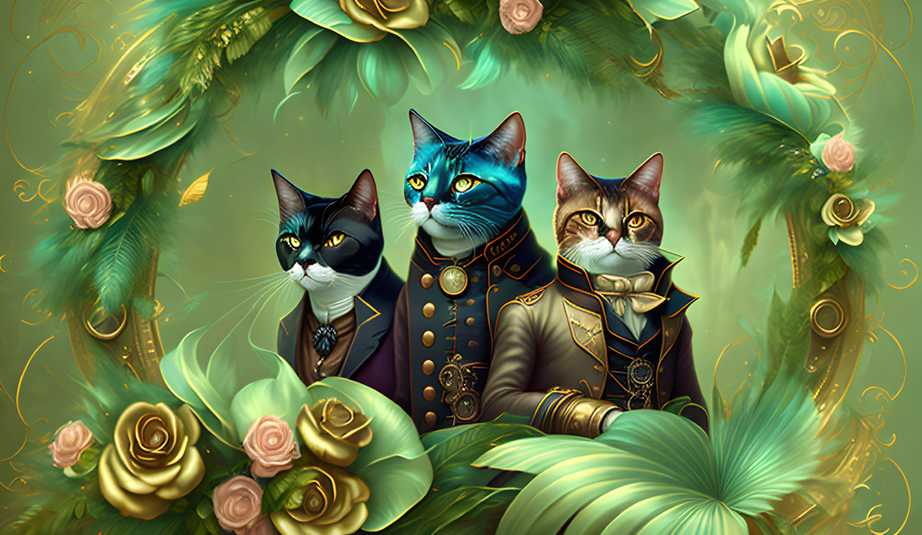 Regal anthropomorphic cats in ornate attire with floral decorations