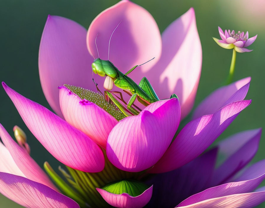 Green Praying Mantis on Pink Lotus Flower in Nature