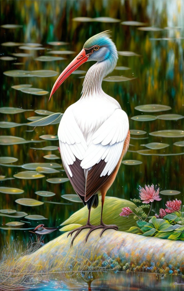 Colorful Stylized Bird Beside Water with Flowers