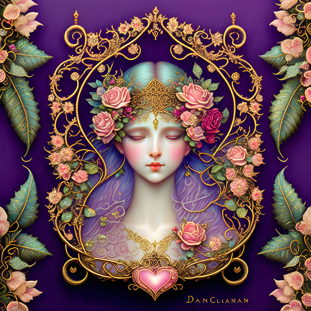 Serene woman portrait with gold filigree on purple background