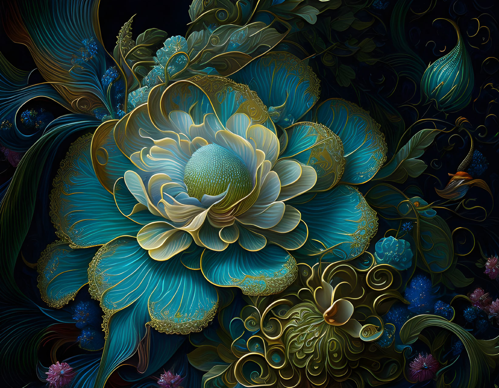 Detailed digital artwork of ornate blue and gold floral patterns on dark backdrop