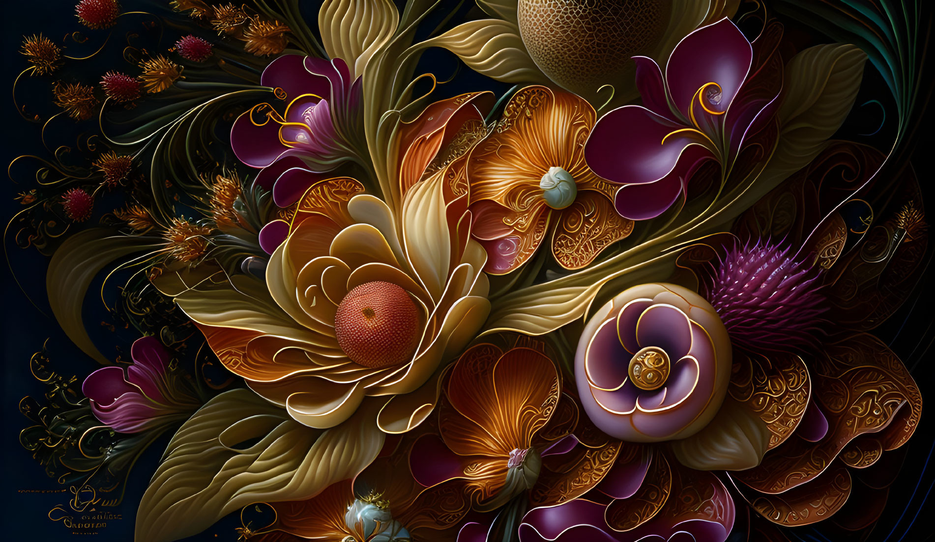 Colorful Stylized Flower Bouquet Artwork on Dark Background