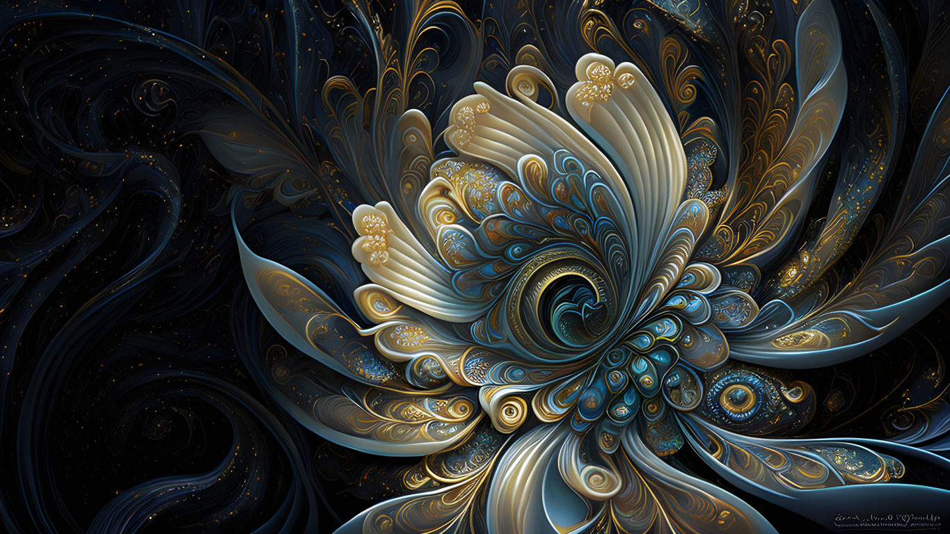 Blue and Gold Swirling Fractal Patterns: Abstract Peacock Tail Art