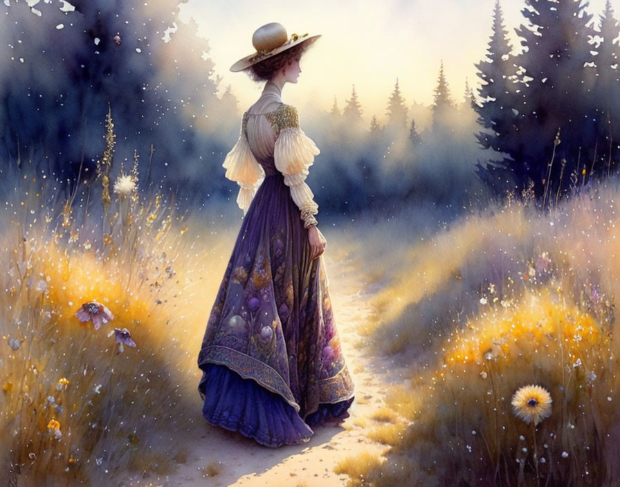 Woman in vintage dress and hat standing in sunlit field with wildflowers and forest view