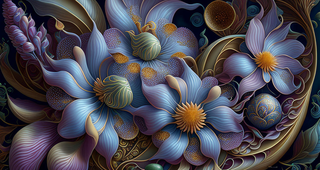 Colorful digital artwork featuring stylized flowers in blue and purple hues