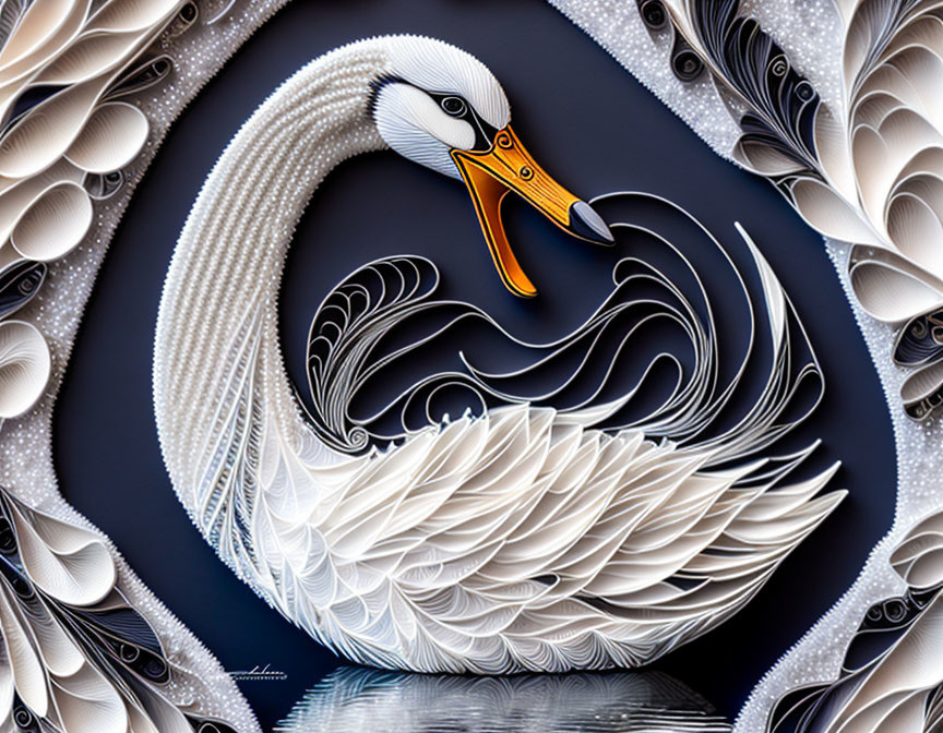 Stylized white swan with intricate feather details on dark background