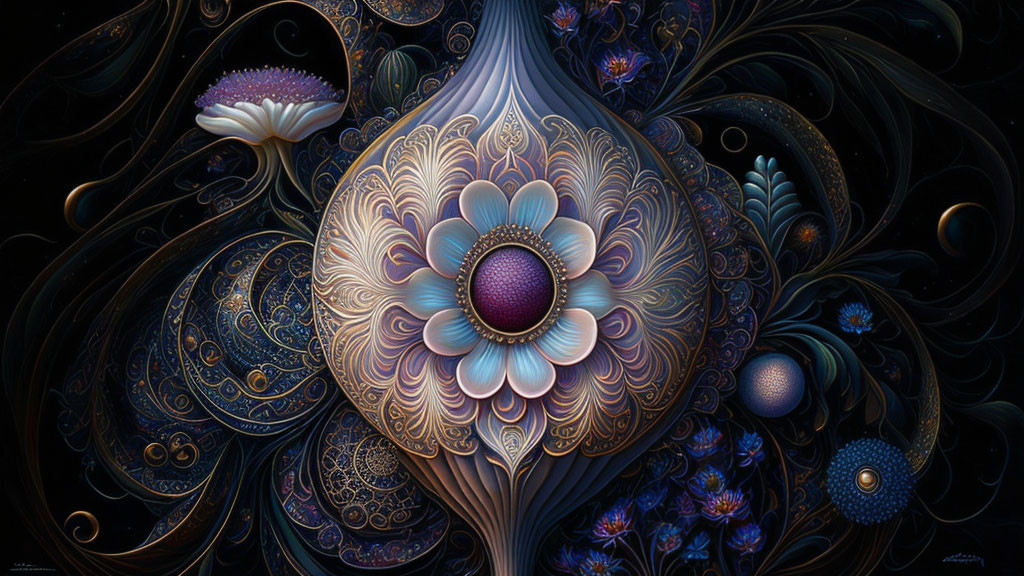 Detailed digital artwork: ornate floral patterns, central blooming flower, dark background, intricate swirling designs