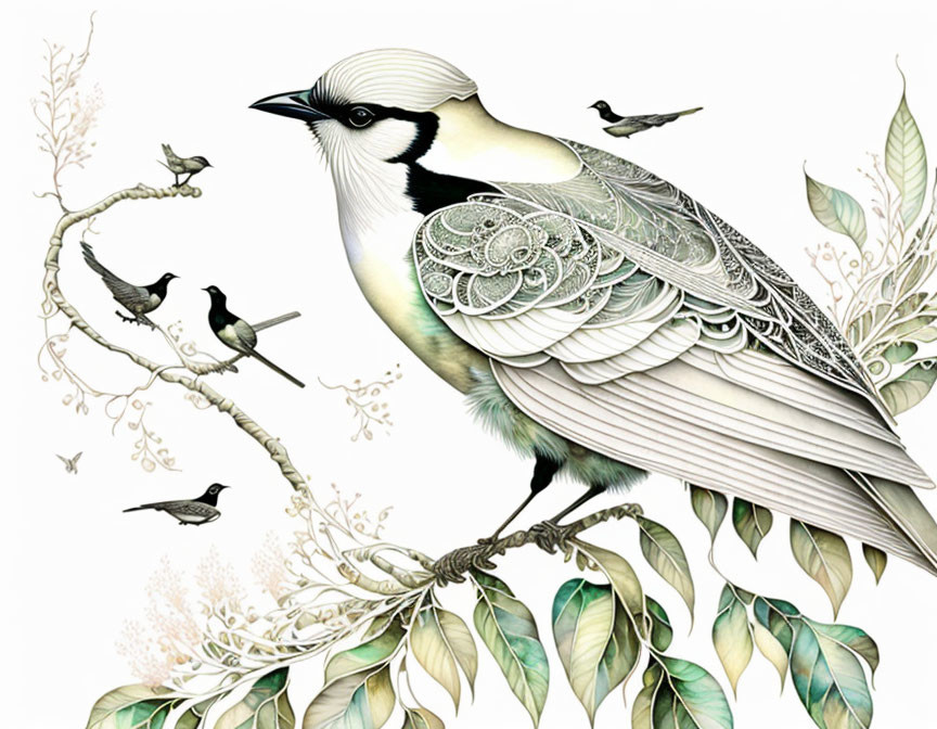 Stylized bird illustration with intricate feather patterns on branch among leaves