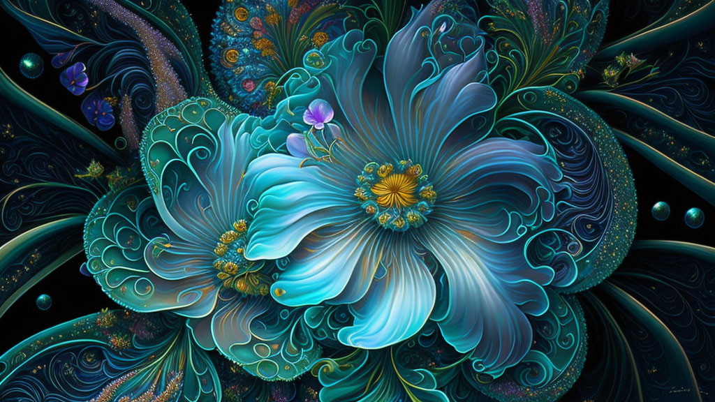 Abstract Stylized Flower Artwork with Blue and Teal Hues