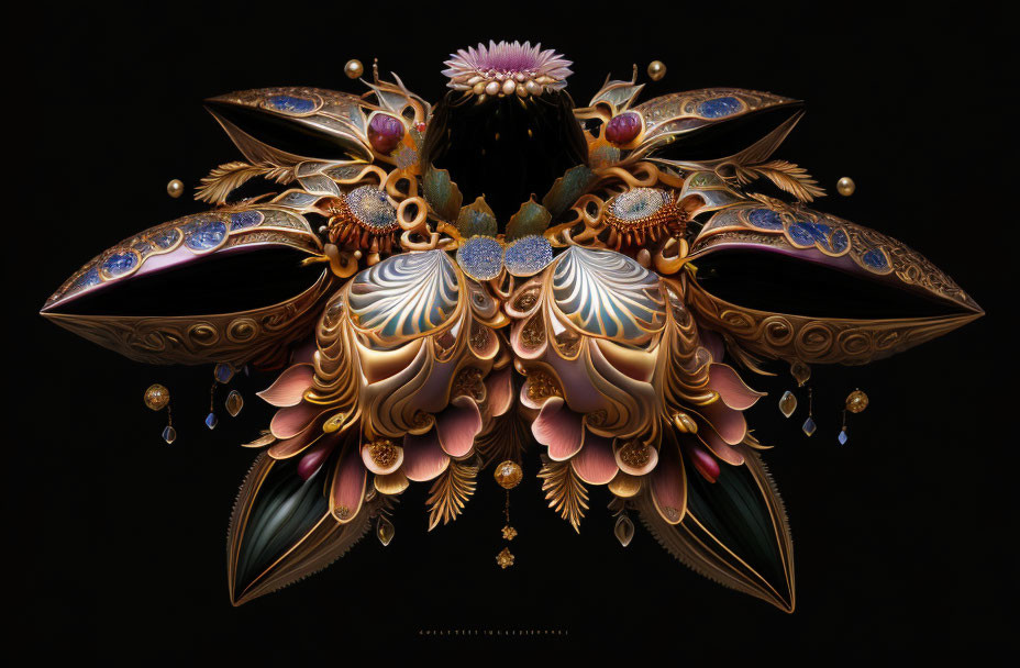 Symmetrical floral digital art with gold, pearls, and gemstones on black background