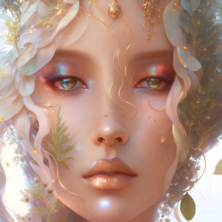 Ethereal woman portrait with floral adornments and vibrant makeup