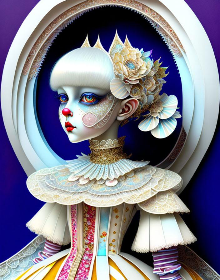 Stylized character with ornate ruff collar and floral hair in surreal digital art