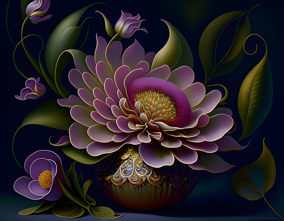 Stylized ornate floral arrangement with central bloom on dark background