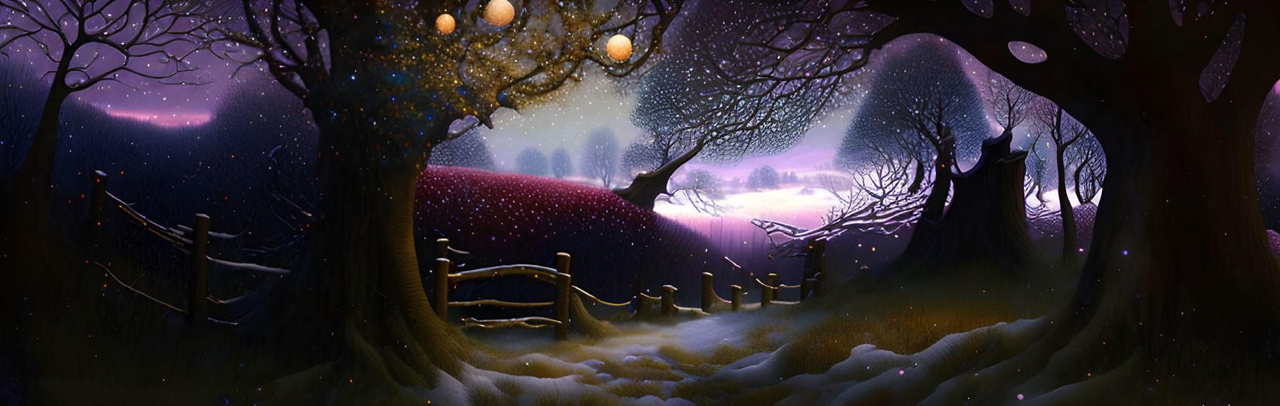 Panoramic fantasy night landscape with glowing trees and starry sky