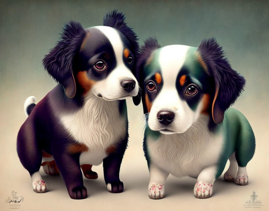 Illustrated Tricolor Puppies with Expressive Eyes on Neutral Background
