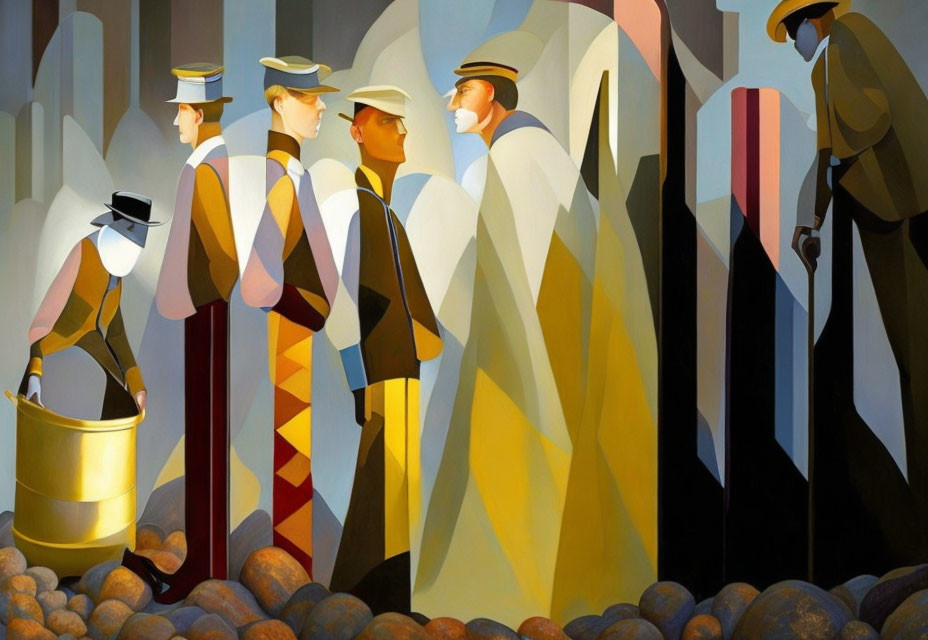 Geometric Art Deco painting of sailors in uniform