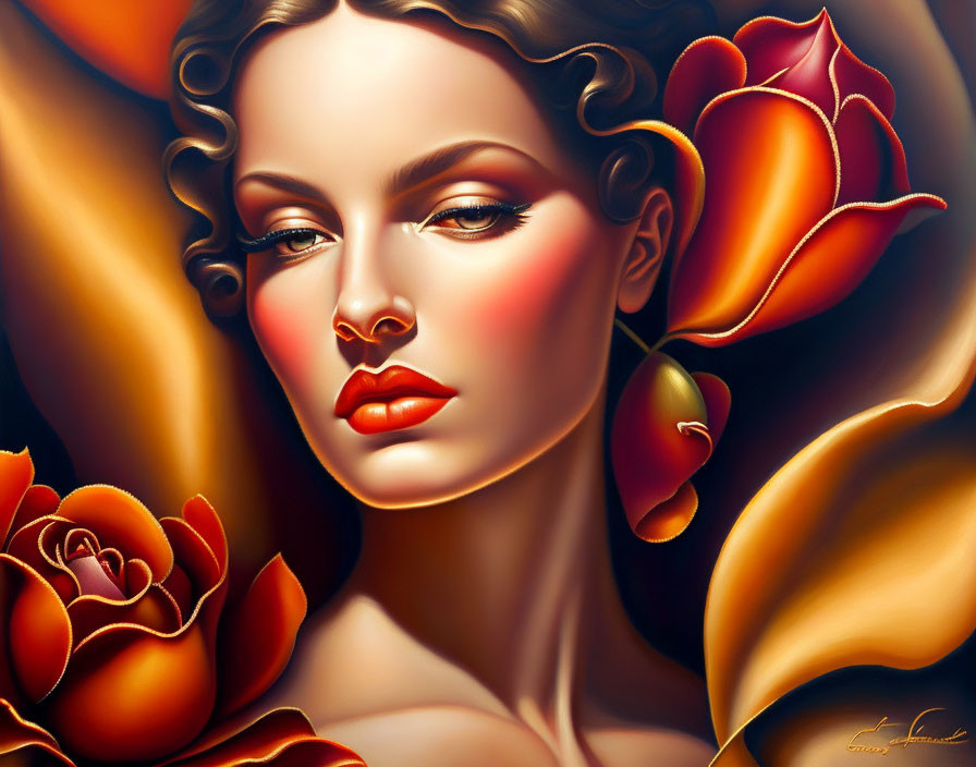 Digital portrait of a woman with rosy cheeks and orange roses, evoking a romantic vibe