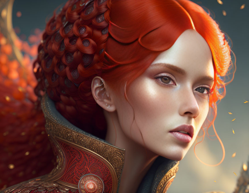 Vibrant red hair woman in ornate gold-trimmed armor portrait