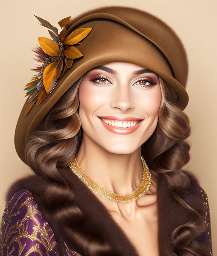 Smiling woman with wavy hair in brown hat, gold necklace, and purple garment