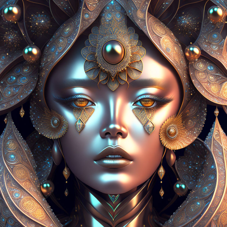 Digital artwork of woman with ethereal features and golden adornments