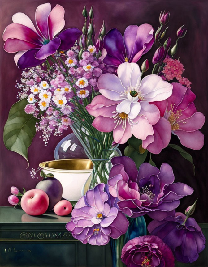 Colorful Still-Life Painting with Purple Flowers, Apples, and Bowl