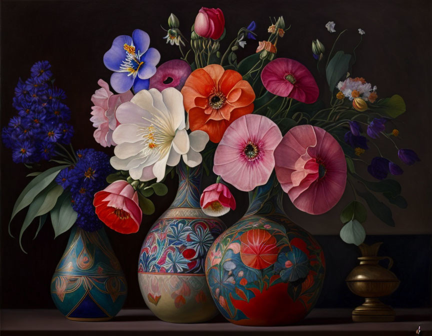 Vibrant flowers in patterned vases on dark backdrop