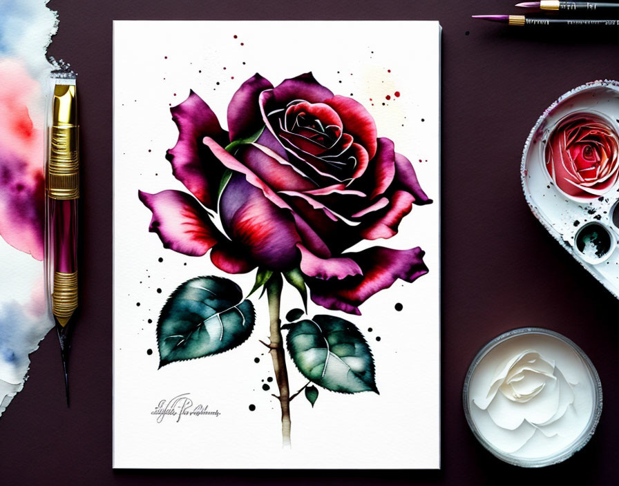 Vibrant watercolor painting of a red rose with pen and paintbrush on dark surface