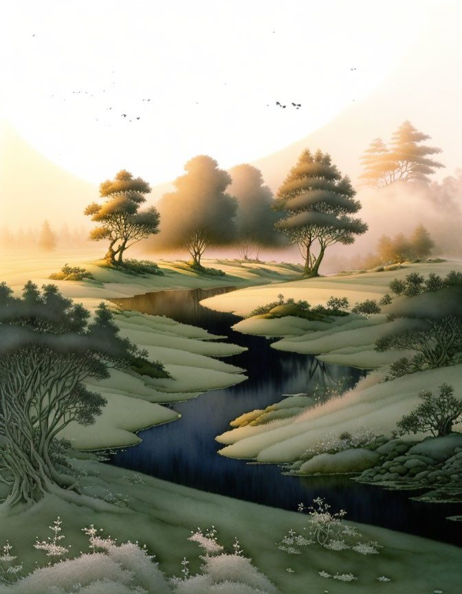 Tranquil landscape painting: misty river, rolling hills, lush trees, birds.