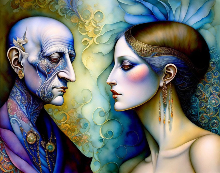 Colorful Artwork: Tattooed Elderly Man and Young Woman with Ornate Accessories