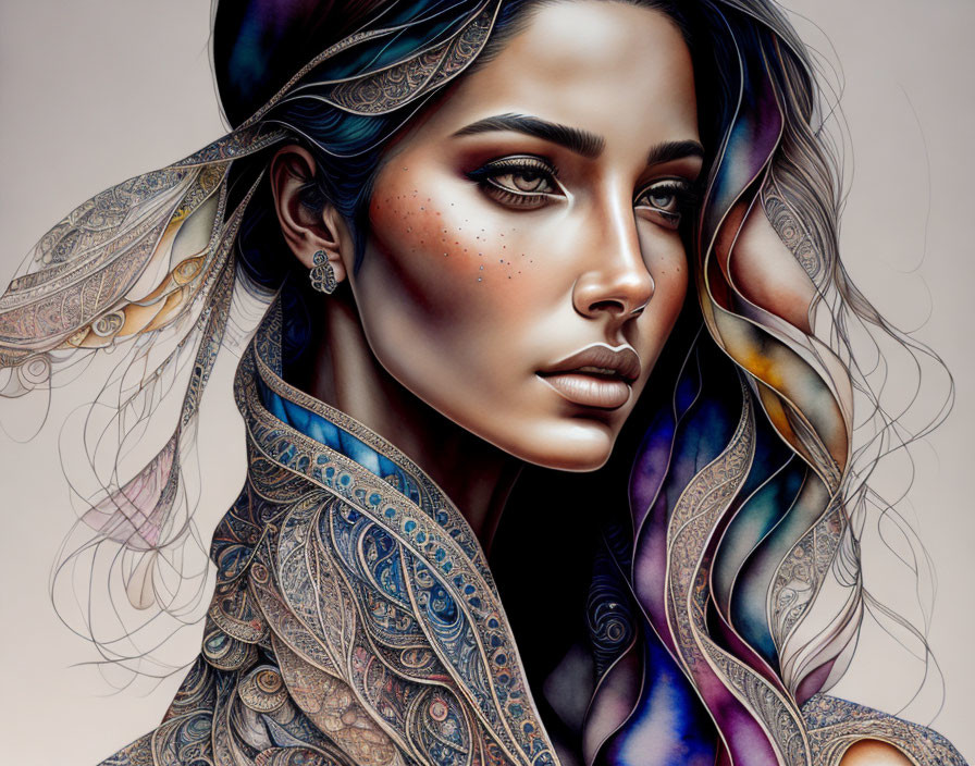 Detailed digital artwork of woman with vibrant, intricate ethereal wings