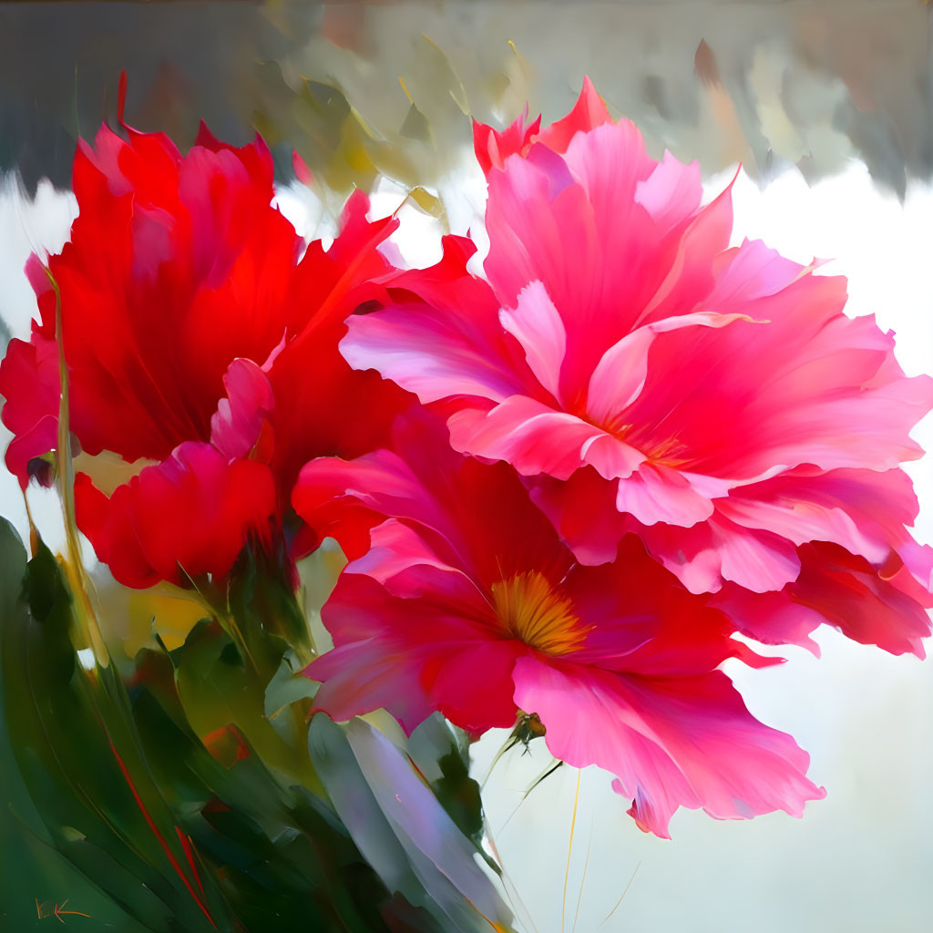 Colorful floral painting with red and pink flowers and subtle grey background