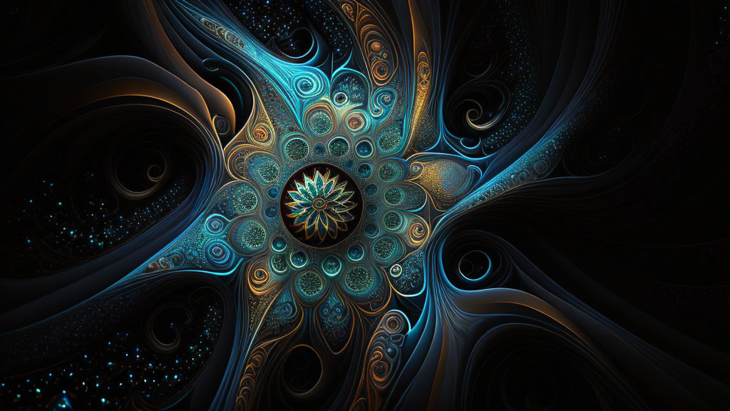 Intricate Fractal Design with Star-Like Pattern in Blues and Oranges