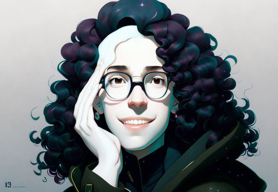 Smiling person with curly black hair and round glasses portrait