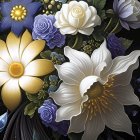 Detailed Floral Illustration in Rich Hues on Dark Background