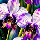 Colorful purple and pink orchids with water droplets on dark green foliage