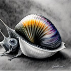 Surreal digital image: Glossy snail with iridescent shell on grey background